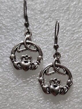 Hand Crafted Silver Claddagh Drop Earrings - Silver